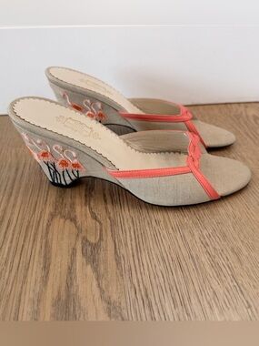 Lulu Guinness Flamingo Embroidered Wedge Sandals